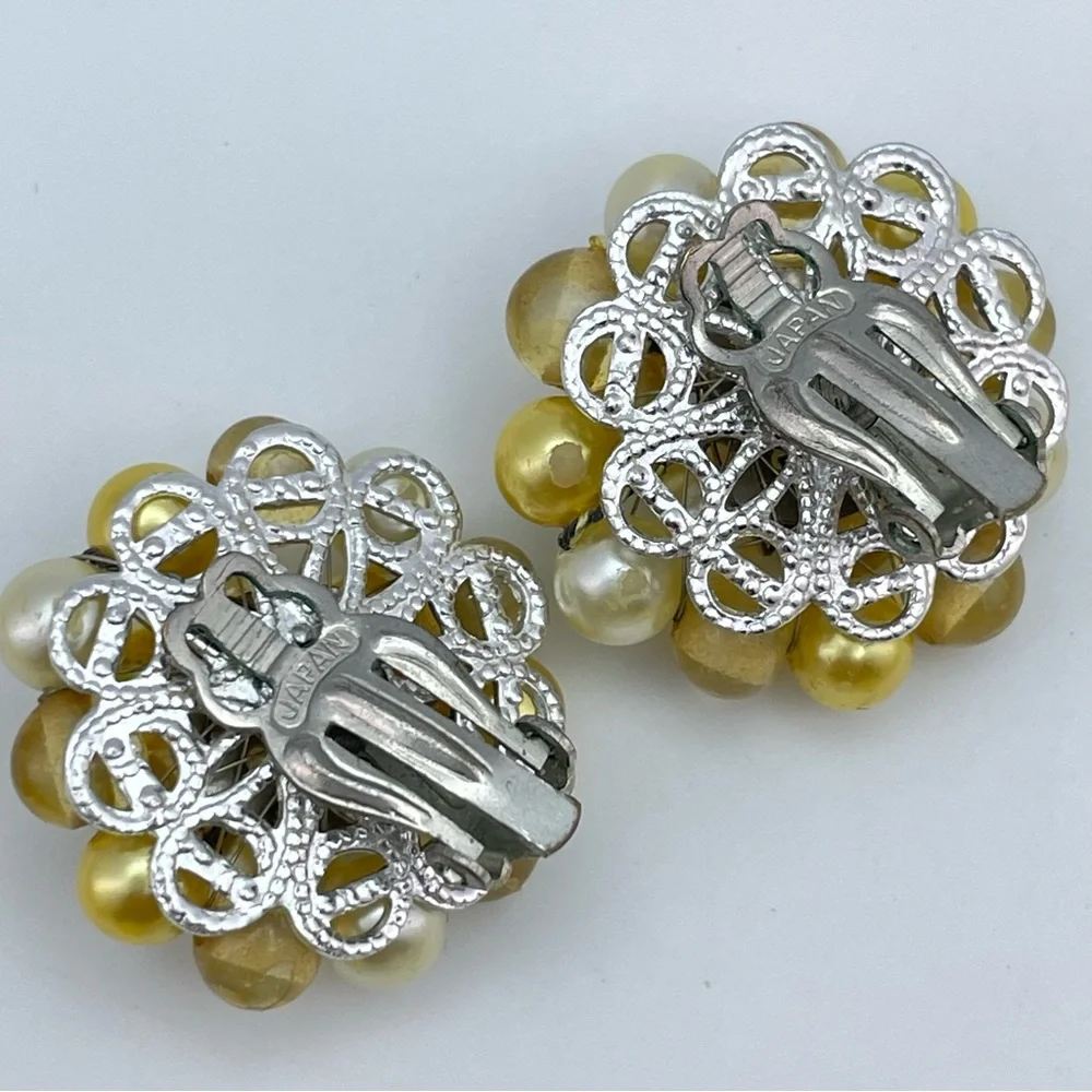 Vintage Japan Gold & Ivory Beaded Necklace & Cluster Clip Earring Set